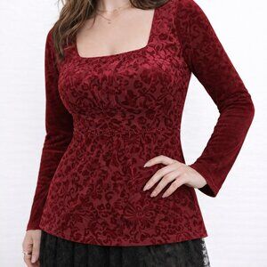 Fire Red Notations Long sleeve Velvet Design Tie Back Medium Women’s Top NWT
